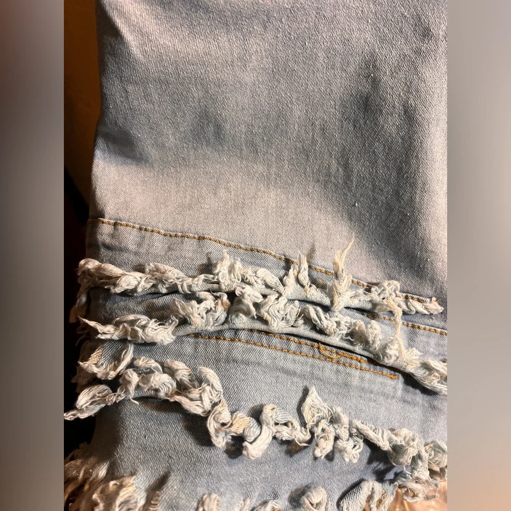 Denim Sleeveless Romper with Frayed Hem L festival coastal cowgirl